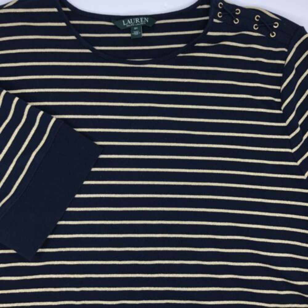 Lauren Ralph Lauren Womens 3X Blue and Gold Striped Short Sleeve Pullover Blouse